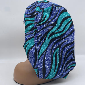 Ponytail Ankara PONY SCRUB CAP, blue cotton fabric surgical scrub hat pony nursing caps and satin lining option for locs /Long Hair