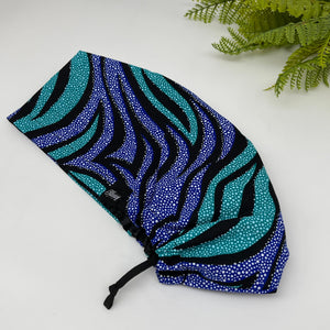 Niceroy Satin Lined Satin Lined surgical SCRUB HAT CAP,  Ankara Europe style nursing cap blue  teal black African print fabric and .