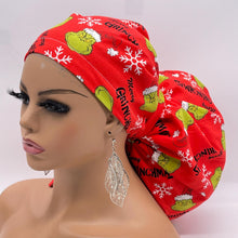 Load image into Gallery viewer, Christmas 2XL JUMBO PONY SCRUB Cap,  Grinch grinchmas cotton fabric surgical nursing hat satin lining option for Extra long/thick Hair/Locs