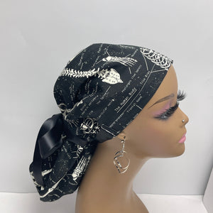 Adjustable PONY SCRUB CAP, labeled skeleton glow in the dark cotton fabric surgical scrub hat, satin lining option for Long Hair