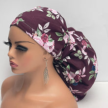 Load image into Gallery viewer, 2XL JUMBO PONY SCRUB burgundy maroon pink cotton fabric surgical nursing hat satin lining option for Extra long/thick Hair/Locs