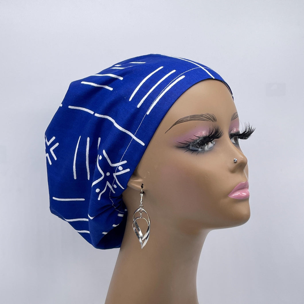 Niceroy Satin Lined Surgical SCRUB CAP Royal blue and white tribal Europe style nursing caps African print fabric and