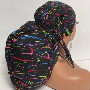 Satin lined 2XL JUMBO PONY Scrub Cap Black paint splatter cotton fabric surgical nursing hat and for Extra long/thick Hair/Locs