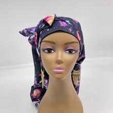 Load image into Gallery viewer, Adjustable Dread Locs and Long braids HAT Cap, Long pony style nursing scrub caps made with purple solar system fabric