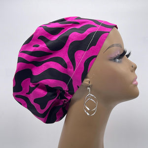 Niceroy Surgical SCRUB CAP hot pink magenta black Ankara Europe style nursing caps cotton African print fabric and satin lining option.