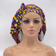 Load image into Gallery viewer, Ponytail PONY SCRUB CAP, multi colored geometric surgical scrub hat pony nursing caps and satin lining option for locs /Long Hair