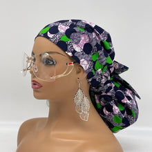 Load image into Gallery viewer, Adjustable Satin Lined PONY SCRUB CAP, Green Purple Black Ankara cotton fabric surgical scrub hat ponytail nursing caps for locs/Long Hair