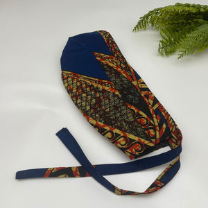 Reversible Navy Blue African Print Scrub Cap: Satin Lined Tie Back Hat