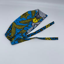 Load image into Gallery viewer, Blue yellow and white unisex pixie Men surgical SCRUB HAT CAP, nursing caps, tie back cap, satin lining option African print hat