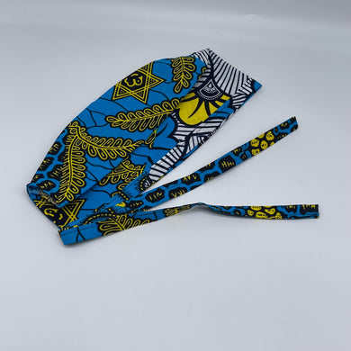 Blue yellow and white unisex pixie Men surgical SCRUB HAT CAP, nursing caps, tie back cap, satin lining option African print hat