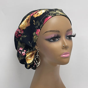 Adjustable surgical OR SCRUB CAP, Black Floral Europe style nursing caps with flowers and satin lining option.