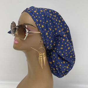 Ponytail Ankara PONY SCRUB CAP, Navy blue Gold stars cotton fabric surgical scrub hat, pony nursing caps for locs, braid, long hair