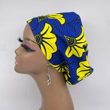 Load image into Gallery viewer, Niceroy SCRUB HAT CAP, Royal blue and yellow sorority Europe Euro style nursing caps, healthcare hats protective hair covers, nurse gift.