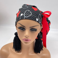 Load image into Gallery viewer, 2XL JUMBO PONY Scrub Cap, EKG  cotton fabric surgical nursing hat and satin lining option for Extra long/thick Hair/Locs