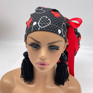 2XL JUMBO PONY Scrub Cap, EKG  cotton fabric surgical nursing hat and satin lining option for Extra long/thick Hair/Locs