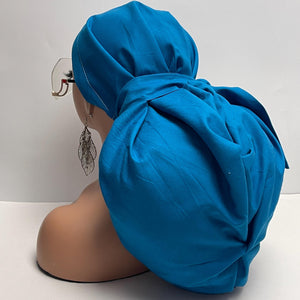 2XL JUMBO PONY SCRUB Cap Caribbean Blue cotton fabric surgical nursing hat satin lining option for Extra long/thick Hair/Locs