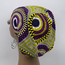 Load image into Gallery viewer, Niceroy Surgical SCRUB CAP purple Yellow Ankara Europe style nursing caps African print fabric and satin lining option.
