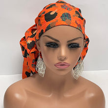 Load image into Gallery viewer, 2XL JUMBO PONY SCRUB Cap, earth orange black women fabric surgical nursing hat satin lining option for Extra long/thick Hair/Locs