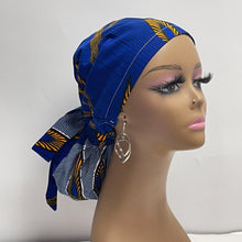 Load image into Gallery viewer, Ponytail SCRUB CAP Royal blue and yellow cotton fabric surgical scrub hat nursing caps, satin lining option for long hair