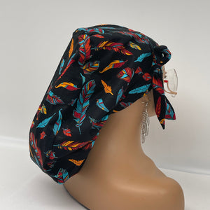Ponytail Ankara PONY SCRUB CAP, feathers cotton fabric surgical scrub hat nursing caps and satin lining option for locs /Long Hair