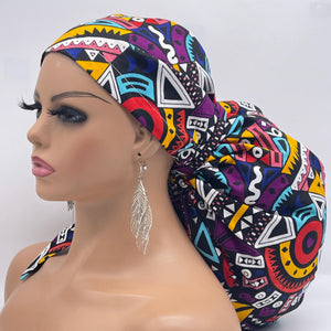 2XL JUMBO PONY Scrub Cap, multicolored tribal surgical nursing hat and satin lining option for Extra long/thick Hair/Locs