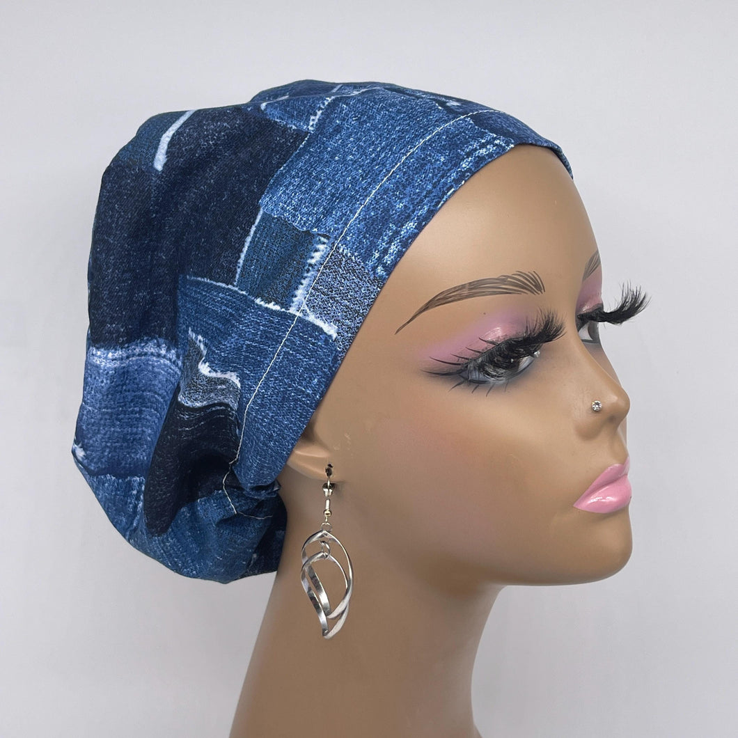 Niceroy Satin Lined SCRUB HAT CAP, soft cotton jeans print fabric Europe Euro style nursing caps, healthcare hats protective hair covers, nurse gift.