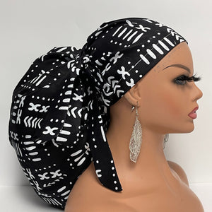 2XL JUMBO PONY SCRUB Cap, Black/White cotton fabric surgical nursing hat satin lining option for Extra long/thick Hair/Locs