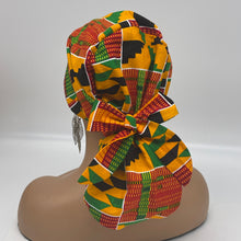 Load image into Gallery viewer, Ponytail Ankara PONY SCRUB CAP, Kente cotton fabric surgical scrub hat pony nursing caps and satin lining option for locs /Long Hair