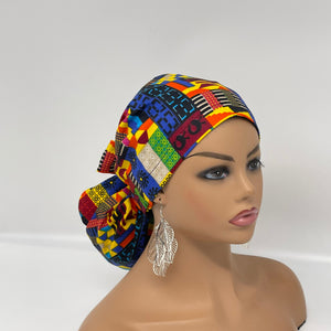 Ponytail All New Flattery Back Pony Hair Cover scrub Hat for long Hair, Braids, Locs. Ankara cotton African print fabric with satin lining