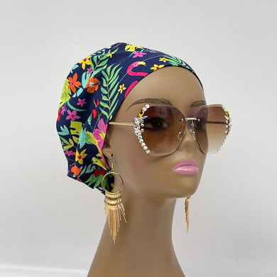 Niceroy Satin LinedSurgical SCRUB HAT CAP, Navy blue  Europe style flamingo flowers cotton print fabric Euro hat multicolored floral .