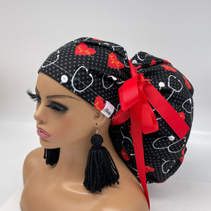 2XL JUMBO PONY Scrub Cap, EKG  cotton fabric surgical nursing hat and satin lining option for Extra long/thick Hair/Locs