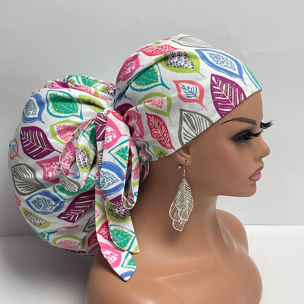 2XL JUMBO PONY SCRUB Cap, colorful leaves Cotton fabric surgical nursing hat satin lining option for Extra long/thick Hair/Locs