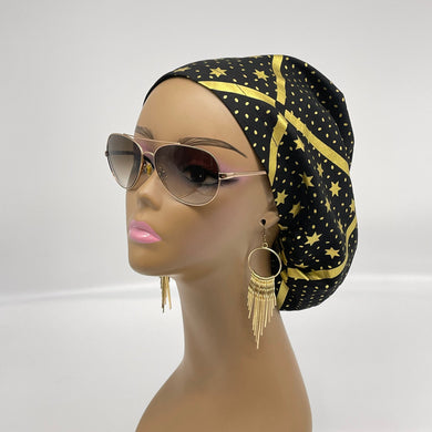 Niceroy surgical SCRUB HAT CAP, Europe style nursing caps black cotton,gold metallic stars fabric,satin lining option