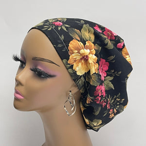 Adjustable surgical OR SCRUB CAP, Black Floral Europe style nursing caps with flowers and satin lining option.