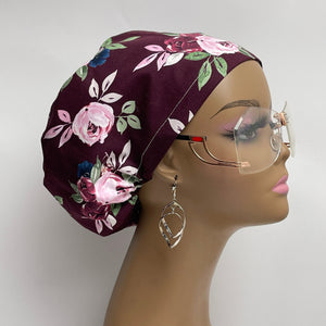 Adjustable surgical OR SCRUB CAP, maroon burgundy Floral Europe style nursing caps with flowers and satin lining option.