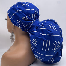 Load image into Gallery viewer, 2XL JUMBO PONY Scrub Cap, Royal blue and white tribal surgical nursing hat and satin lining option for Extra long/thick Hair/Locs