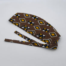 Load image into Gallery viewer, Niceroy satin linedBrown yellow white unisex pixie Men surgical SCRUB HAT CAP, nursing caps, tie back cap,  African print men scrub cap