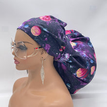 Load image into Gallery viewer, 2XL JUMBO PONY SCRUB Cap, purple solar system fabric surgical nursing hat satin lining option for Extra long/thick Hair/Loc