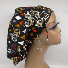 Load image into Gallery viewer, Ponytail hat PONY SCRUB CAP, yellow black brown orange surgical scrub hat nursing caps and satin lining option for locs, braid, long hair