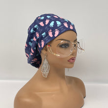 Load image into Gallery viewer, Labor Delivery Scrub Cap – Adjustable Satin Lined Hair Cap with Baby Feet Print