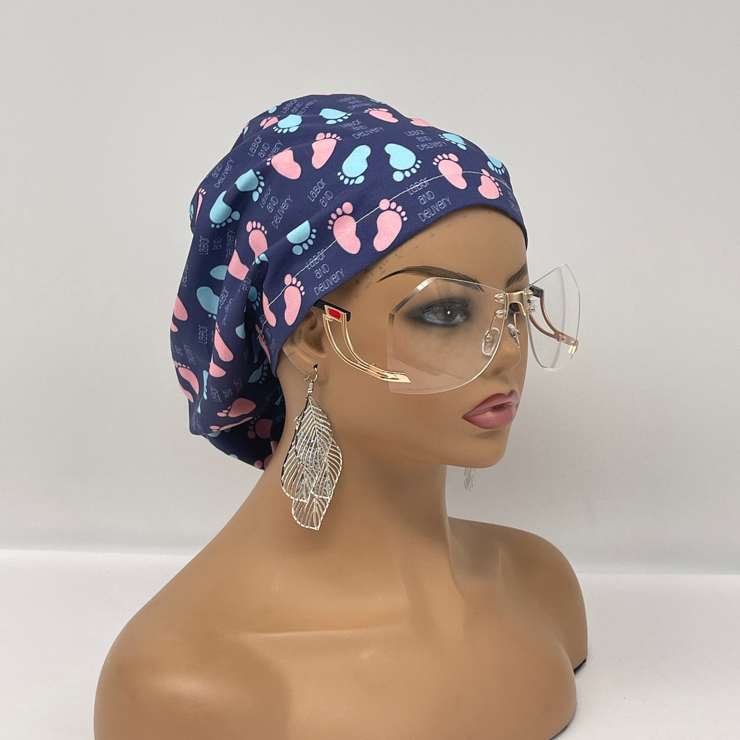 Labor Delivery Scrub Cap – Adjustable Satin Lined Hair Cap with Baby Feet Print
