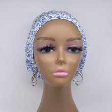 Load image into Gallery viewer, Niceroy Satin Lined SCRUB HAT CAP, Blue and white floral fabric Europe Euro style nursing caps, healthcare hats protective hair covers, nurse gift.