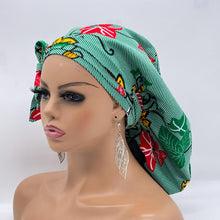 Load image into Gallery viewer, Ponytail SCRUB CAP off  green leaves cotton fabric surgical scrub hat nursing caps, satin lining option for long hair