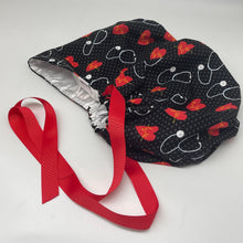 Load image into Gallery viewer, 2XL JUMBO PONY Scrub Cap, EKG  cotton fabric surgical nursing hat and satin lining option for Extra long/thick Hair/Locs