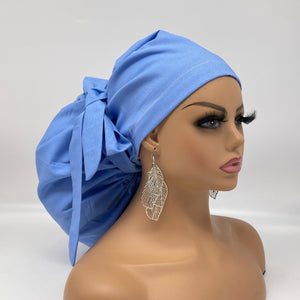 2XL JUMBO PONY SCRUB Cap, Baby Blue Berry Milk cotton surgical nursing hat satin lining option for Extra long/thick Hair/Locs