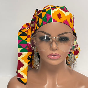 2XL JUMBO PONY SCRUB Cap, Multicolored Kente Tribal cotton fabric surgical nursing hat for Extra long/thick Hair/Locs