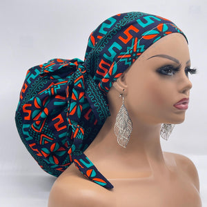 2XL JUMBO PONY Scrub Cap, Black teal orange surgical nursing hat and satin lining option for Extra long/thick Hair/Locs