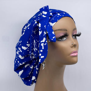 Ponytail hat PONY SCRUB CAP, royal blue white surgical scrub hat pony nursing caps and satin lining option for locs, braid, long hair