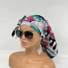 Load image into Gallery viewer, Ponytail Ankara PONY SCRUB CAP, cotton fabric surgical scrub hat pony nursing caps and satin lining option for locs /Long Hair Bonnet