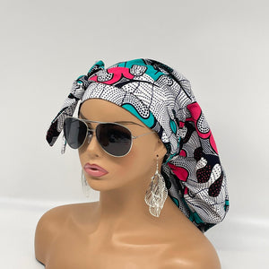 Ponytail Ankara PONY SCRUB CAP, cotton fabric surgical scrub hat pony nursing caps and satin lining option for locs /Long Hair Bonnet